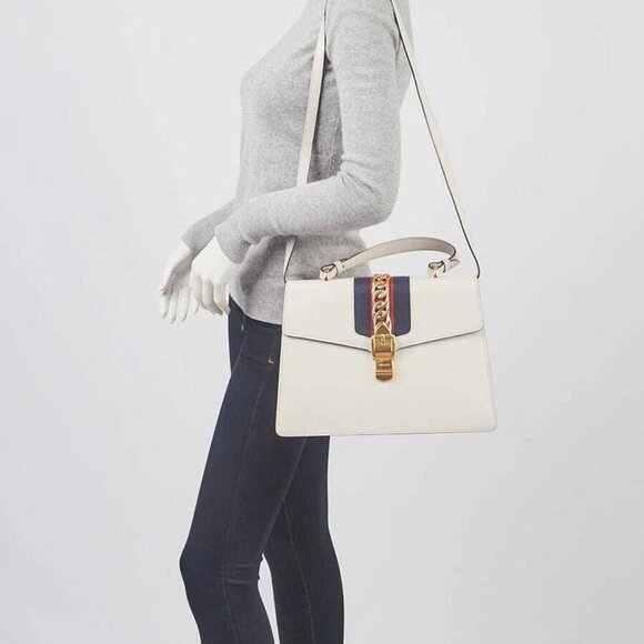 Gucci White Smooth Leather Calfskin Leather Vintage Web Medium Sylvie Shoulder - Picture 3 of 10